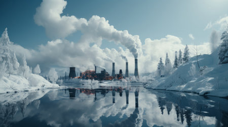 A factory with smoke stacks and snow. Generative AI.の素材