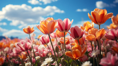 A field of tulips under a blue sky. Generative AI.の素材