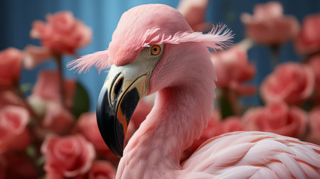 A flamingo wearing a pink hat. Generative AI.の素材