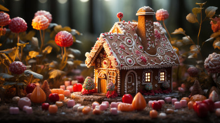 A gingerbread house with candy on it close-up. Generative AI.の素材