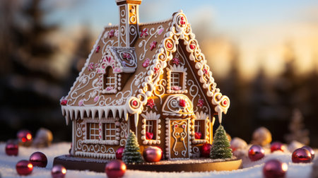 A gingerbread house with candy on it close-up. Generative AI.の素材