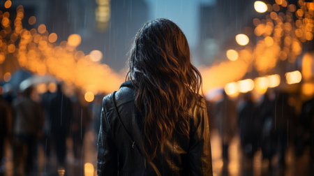 A girl with an umbrella in the rain stands on a city. Generative AI.の素材