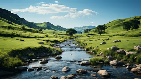 A green valley with a river and a river running throug. Generative AI.の素材