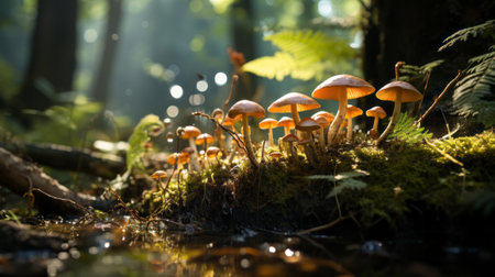 A group of mushrooms in a forest. Generative AI.の素材