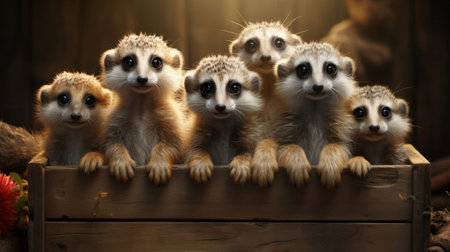 A group of meerkats standing on a box. Generative AI.の素材