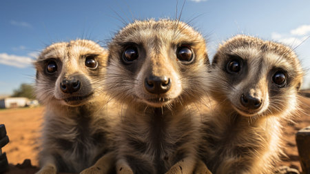 A group of meerkats standing on a box. Generative AI.の素材