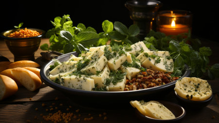 A bowl of food with cheese and spices. Generative AI.の素材