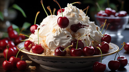 A bowl of ice cream and cherries. Generative AI.の素材