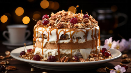 A cake with nuts on top. Generative AI.の素材
