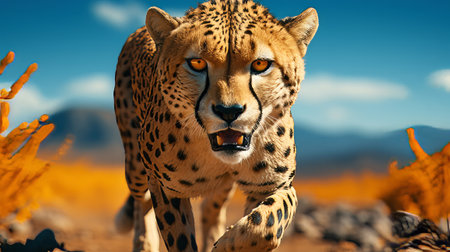A cheetah running in front of a colorful background. Generative AI.の素材