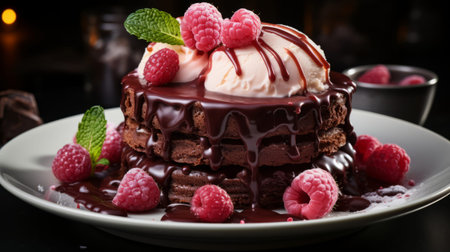 A chocolate cake with raspberries and ice cream on top. Generative AI.の素材