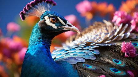 A close up of a peacock. Generative AI.の素材