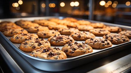 Blurred countertops with a tray of freshly baked cookies. Generative AI.の素材