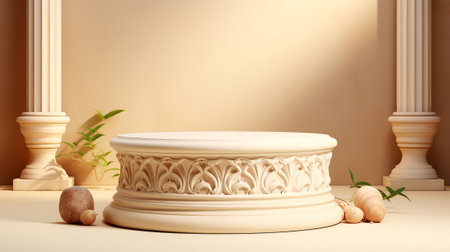 Decorative beige column plinth with space for item isolat. Generative AI.の素材