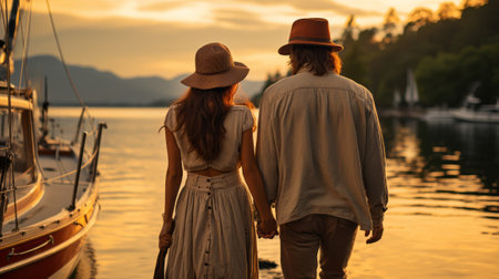 Couple looking in sunset at yacht. Romantic vacationba. Generative AI.の素材