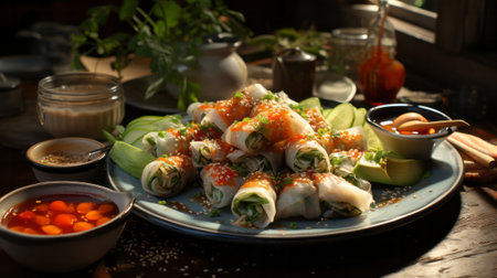 Still life a plate of Vietnamese spring rolls. Generative AI.の素材