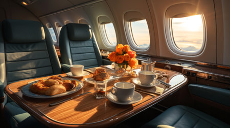 A private jet in modern style with breakfast on the table. Generative AI.の素材