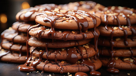 Chocolate cookies with melted chocolate close-up. Generative AI.の素材