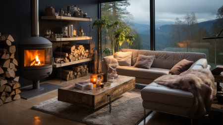 Modern salon with a wood stove in use during winte. Generative AI.の素材