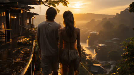 Man and woman waking up early to exercise while the sun. Generative AI.の素材
