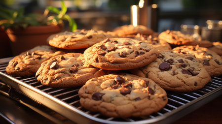 Blurred countertops with a tray of freshly baked cookies. Generative AI.の素材
