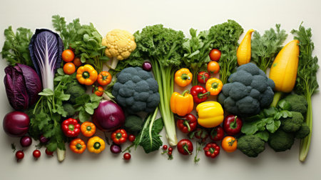 Creative layout of vegetables on white background. Generative AI.の素材