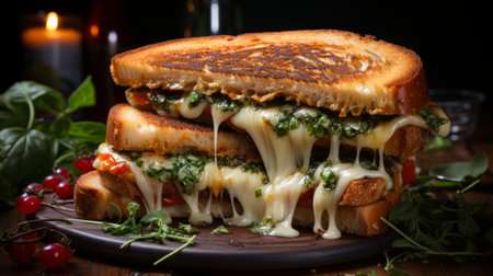 Grilled Cheese Sandwich with Tomato and Basil. Generative AI.の素材