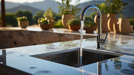 Close-up of a kitchen water faucet with a sink. Generative AI.の素材
