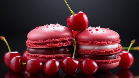 Close up red cherry macaroon. Generative AI.の素材