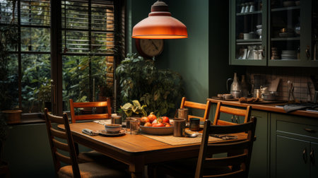 A dining area in a dimly lit kitchen corner. Generative AI.の素材