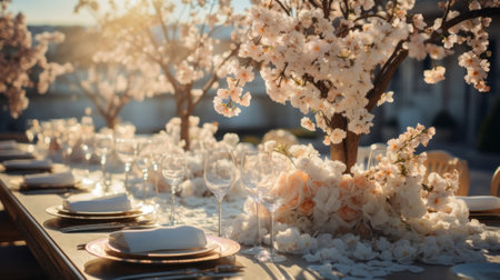 Beautiful wedding setting outdoor banquet table with white background. Generative AI.の素材