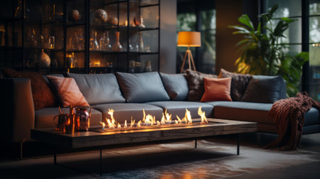 Electric fireplace and beautiful living room decor elemen. Generative AI.の素材
