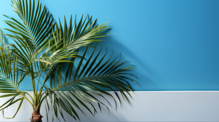 Palm leaves on the light blue wall. Generative AI.の素材