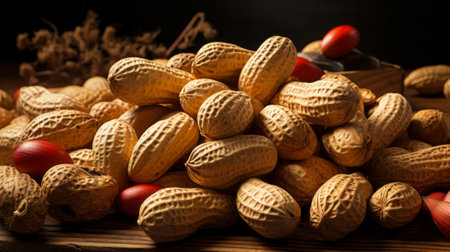 Peanuts on wooden surface. Generative AI.の素材