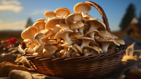 Mushroom stack on basket for sell. Generative AI.の素材