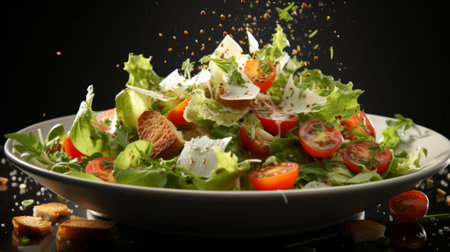 Salad Caesar flying ingredients in white Background. Generative AI.の素材