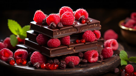 Dark chocolate with raspberries close-up. Generative AI.の素材