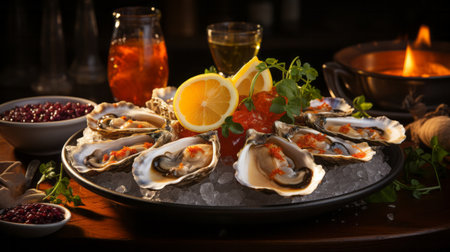 Assorted fresh oysters on an ice bed with lemon. Generative AI.の素材