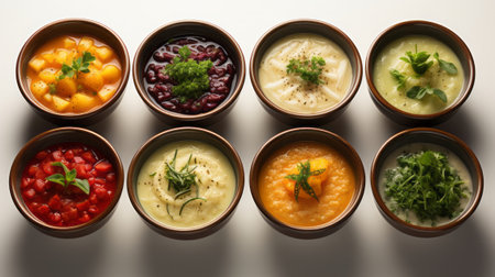 Set of types of soup in a bowl from above. Generative AI.の素材