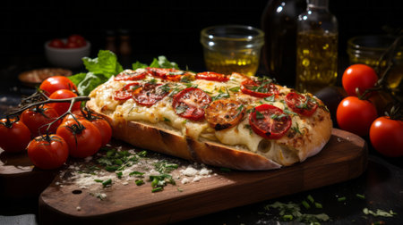 Italian Focaccia Bread with cheese and tomatoes. Generative AI.の素材