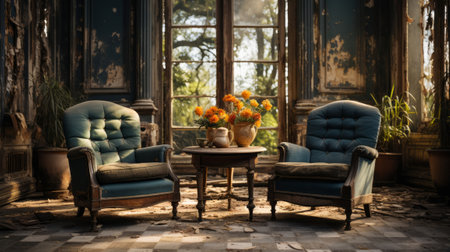 Old chairs in an old house. Generative AI.の素材