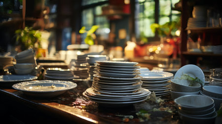 A blurred kitchen sink with dishes piled up waiting. Generative AI.の素材