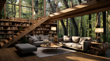 Home library with built-in bookshelves a cozy seating. Generative AI.の素材