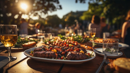 Group of friends or family enjoying the food and company. Generative AI.の素材
