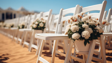White chairs wedding sunny day. Generative AI.の素材