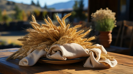 Golden wheat grains packed in a rustic burlap sack artful. Generative AI.の素材