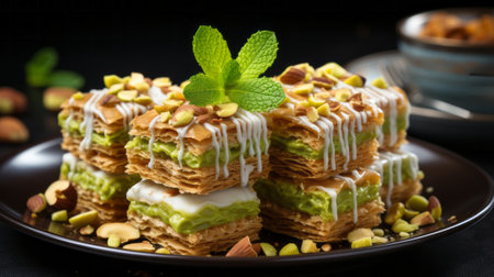 Pistachio baklava Close-up in Dark background. Generative AI.の素材