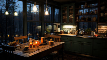 A dining area in a dimly lit kitchen corner. Generative AI.の素材