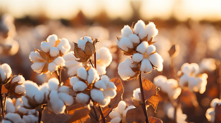 Close up ripe cotton with white fiber grow on plantation. Generative AI.の素材
