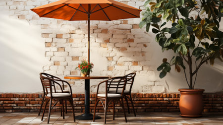 A chair and a table with an umbrella on a white brick. Generative AI.の素材